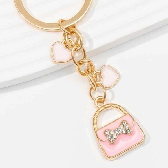 Rhinestone Fancy Bag Charm Keychain Golden Cute Heart Fashion Pink Hadbag Gift - Picture 3 of 6